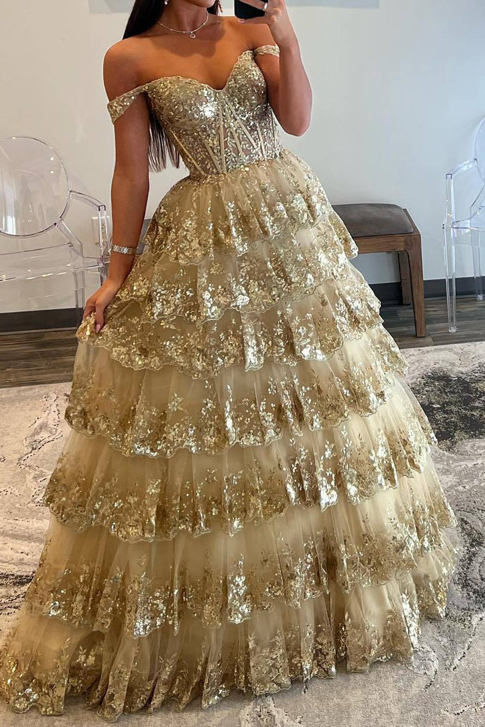 Sparkly Gorgeous A-Line Off The Shoulder Long Prom Dress with Sequin Appliques - View 5 | VelvetHem