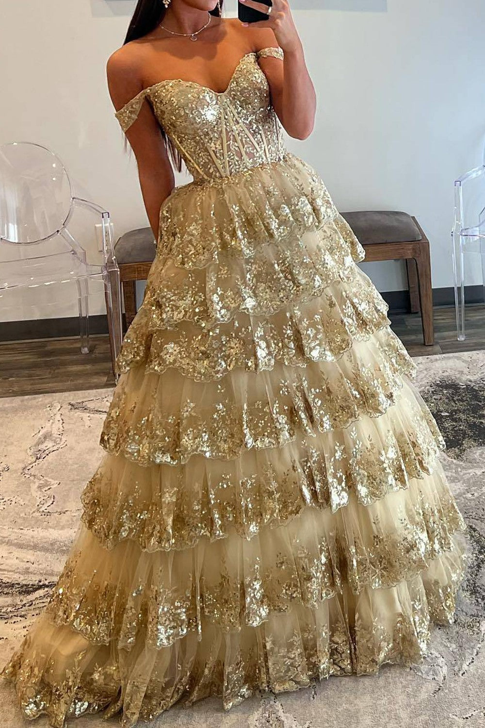 Sparkly Gorgeous A-Line Off The Shoulder Long Prom Dress with Sequin Appliques - View 7 | VelvetHem