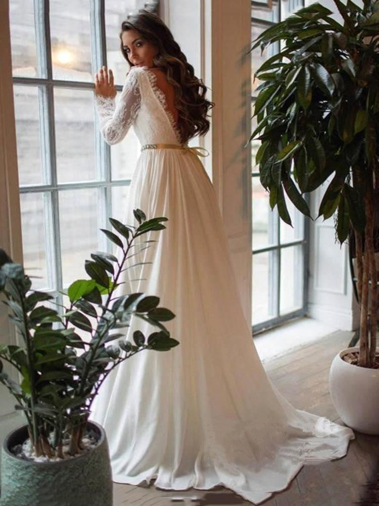 Gorgeous A-Line Beach Wedding Dress Chiffon Long Sleeves Ruffles Bridal Gowns with Sash