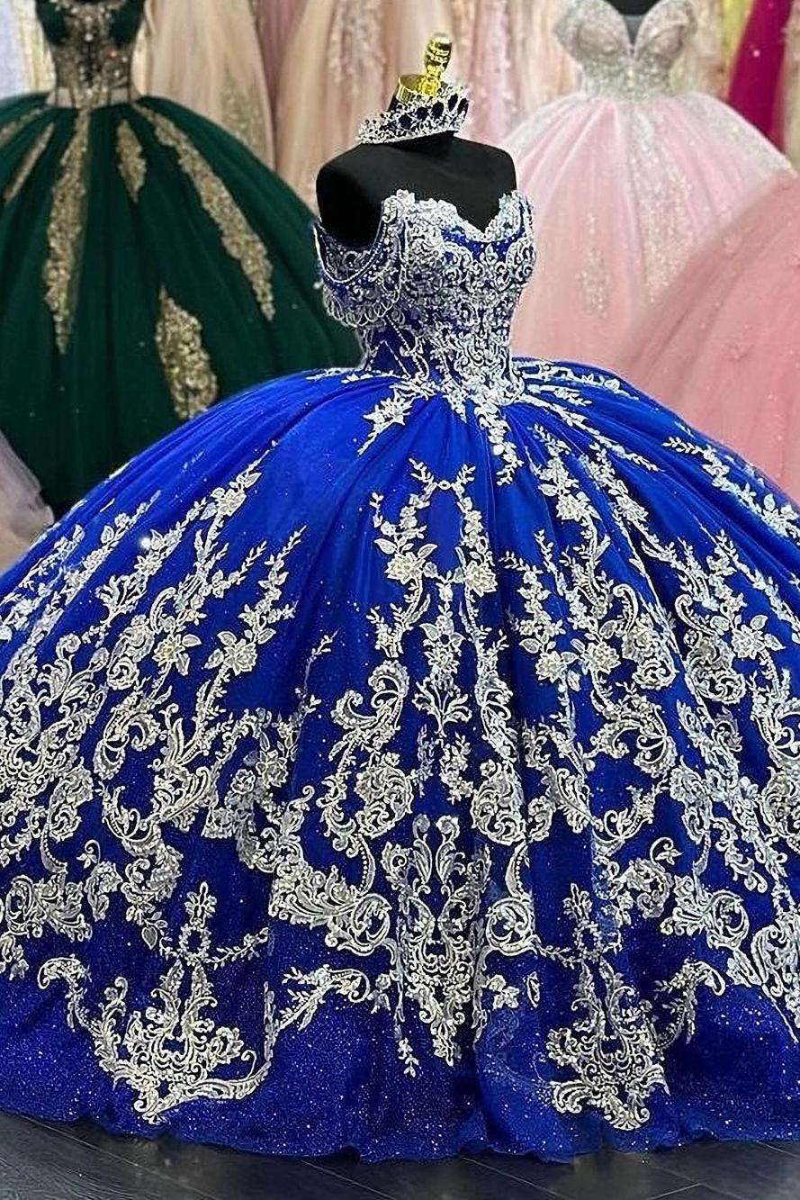 Gorgeous Ball Gown Off Shoulder Lace Appliques Beaded Royal Blue Tulle Princess Quinceanera Dress Formal Prom Party Gown For Sweet 16 Dress