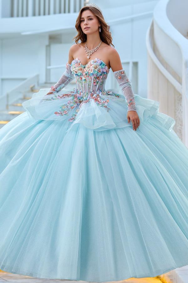 Gorgeous Ball Gown Sweetheart Neck Long Detachable Sleeves Colorful 3D Flower Appliques Lace Up Baby Blue Tulle Quinceanera Dress Evening Party Dress For Sweet 16