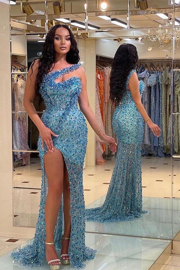 Gorgeous Blue Prom Dress Strapless Mermaid Evening Formal Dress Split With Beadings