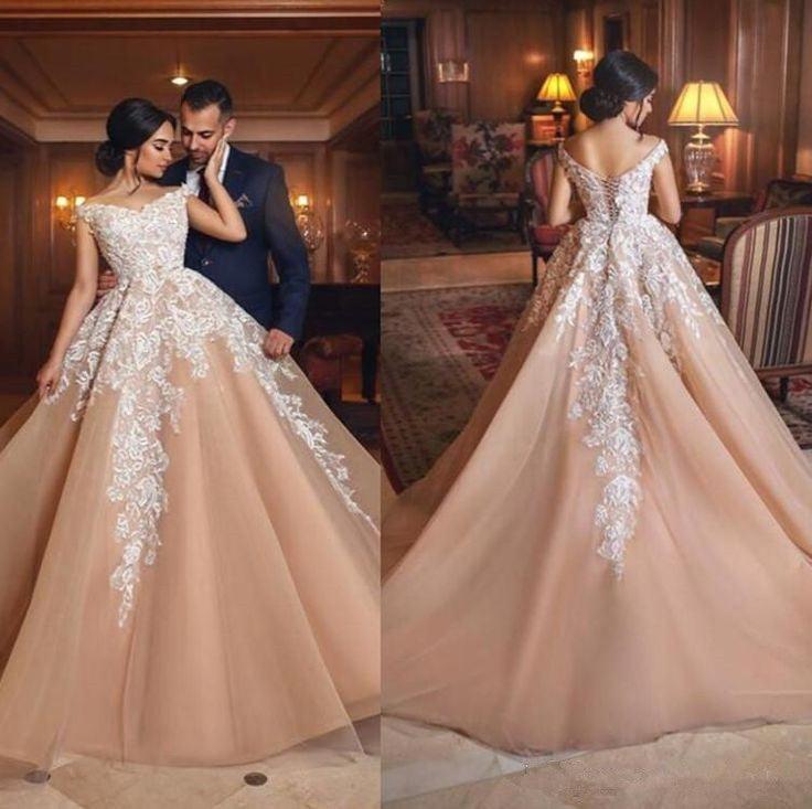 Gorgeous Champagne Appliques Wedding Dresses | A Line Off-the-shoulder Bridal Gowns