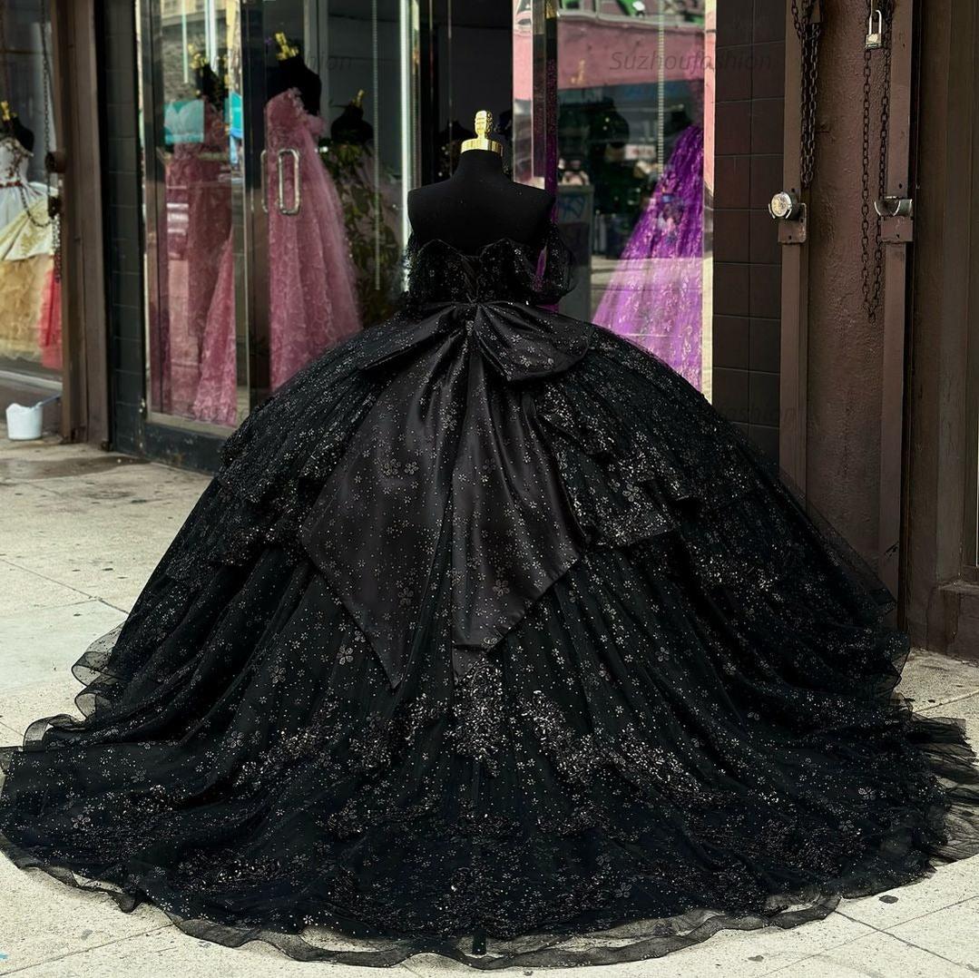 Gorgeous & Classic Ball Gown Off Shoulder Flowers Appliques Beaded Bow Knot Tiered Black Tulle Quinceanera Dress For Sweet 16