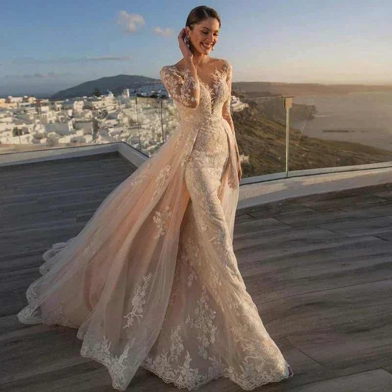 Gorgeous Detachable 2 In 1 Wedding Dress Embroidered Lace On Net With Train Oneck Fullsleeve Vintage Bride Gown Vestido De Novia by payinti