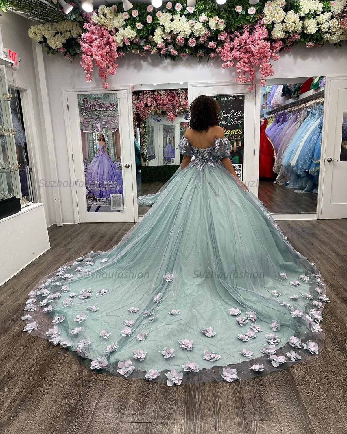 Gorgeous & Glamorous Ball Gown Off Shoulder Puff Sleeves 3D Flowers Lace Appliques Beaded Blue Tulle Quinceanera Dress Formal Evening Gown For Sweet 16