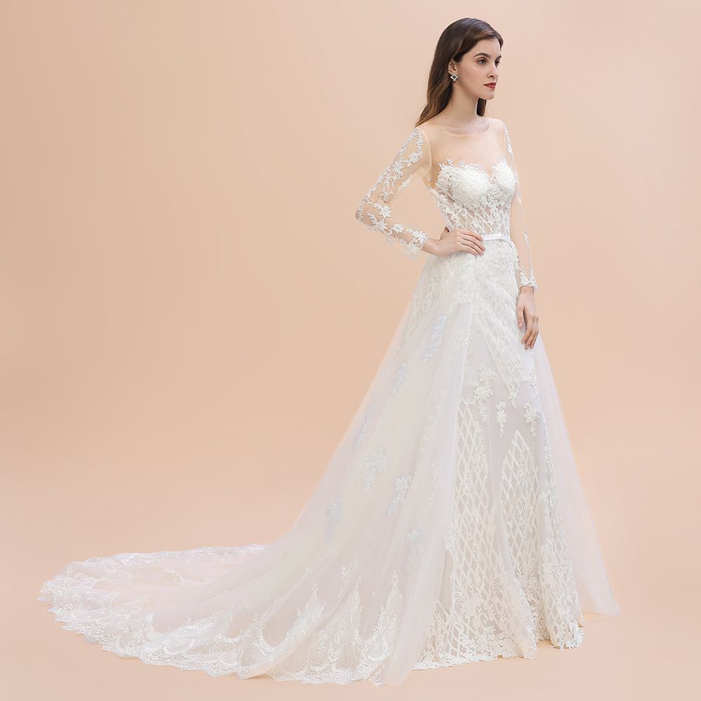 Gorgeous Jewel Tulle Lace Wedding Dress | Long Sleeves Appliques Mermaid Bridal Gowns