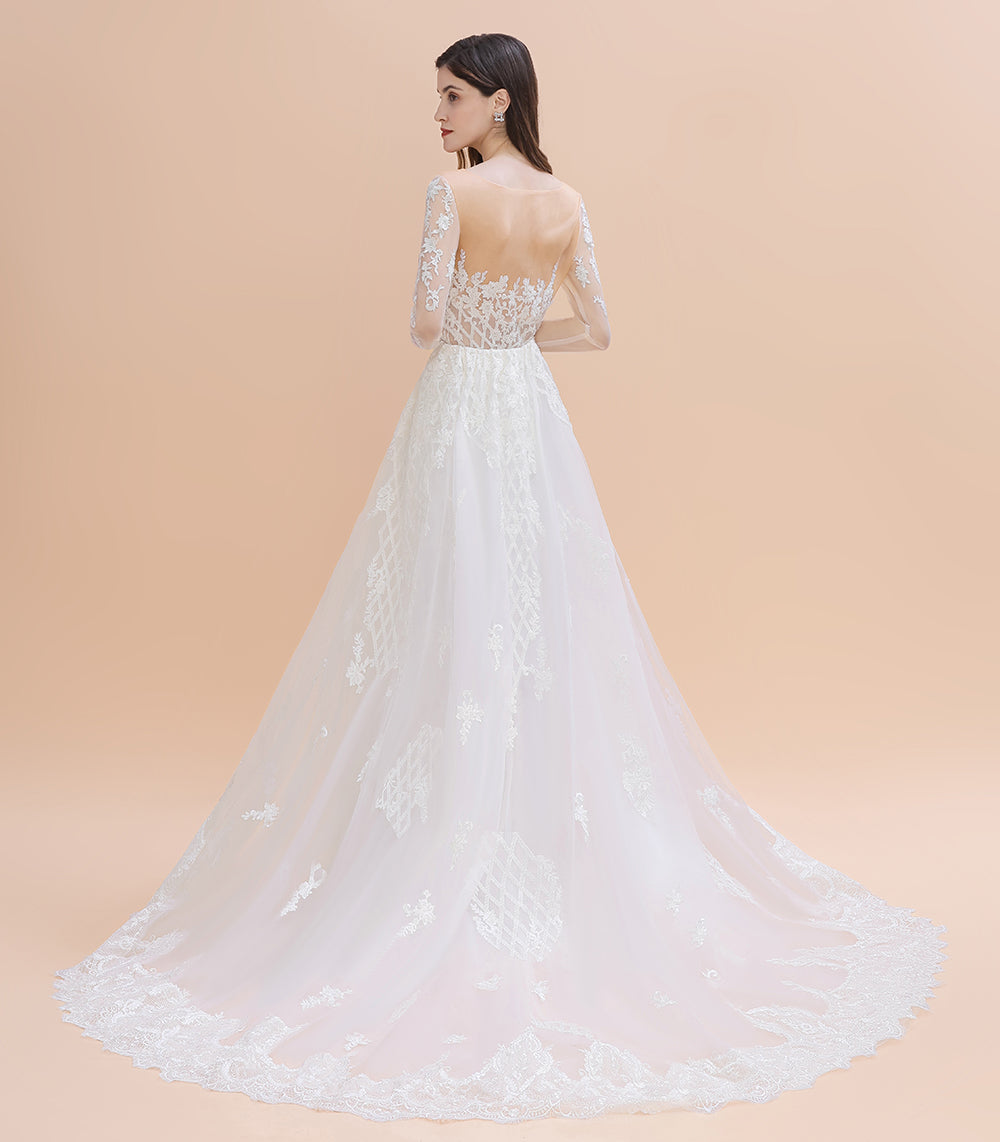 Gorgeous Jewel Tulle Lace Wedding Dress | Long Sleeves Appliques Mermaid Bridal Gowns