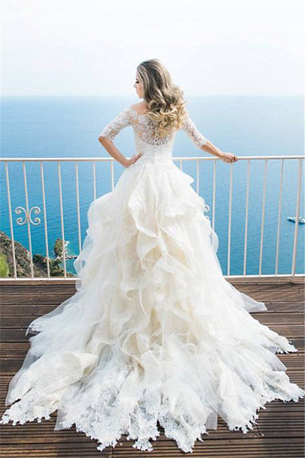 Gorgeous Lace Half Sleeve Wedding Dresses Ruffles Organza Bridal Dresses