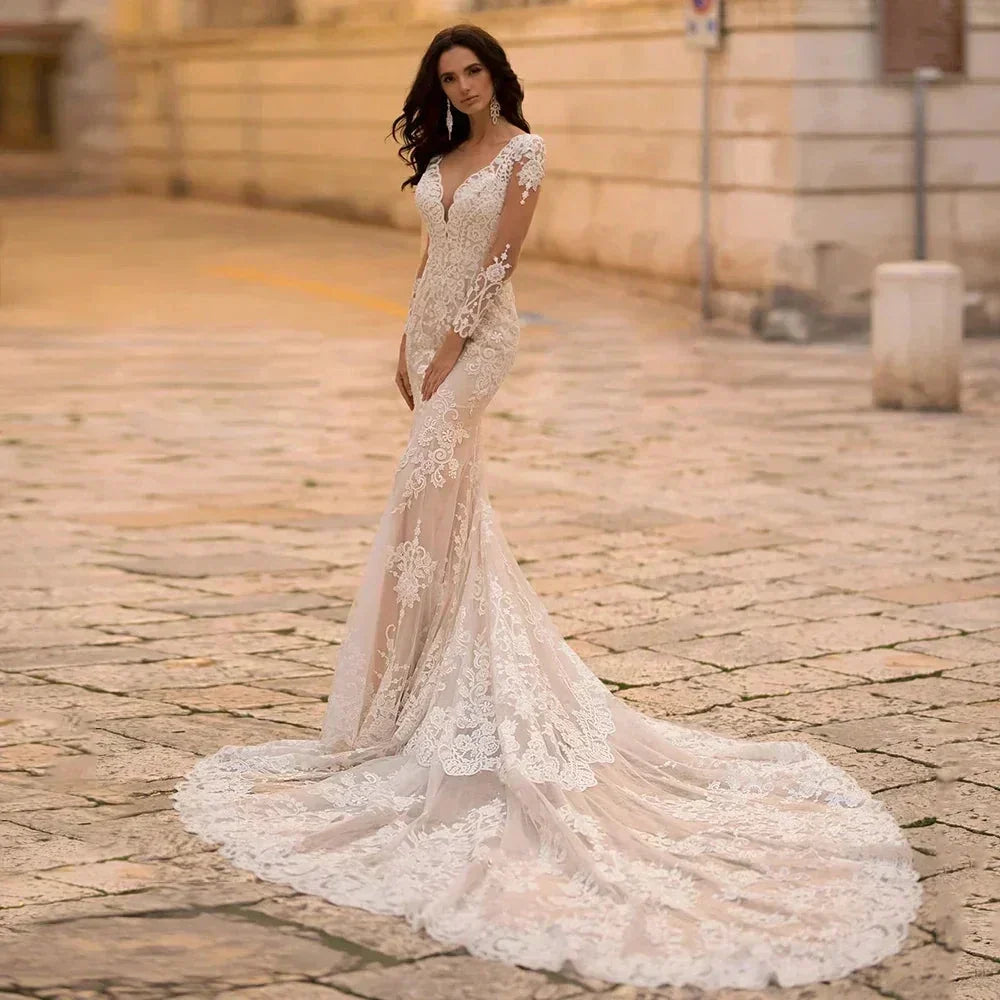 Gorgeous Lace Long Sleeve Mermaid Wedding Dresses Tulle Bridal Gown For Women Cathedral Train V-Neck Appliques Button Back (ZD14087) - VelvetHem