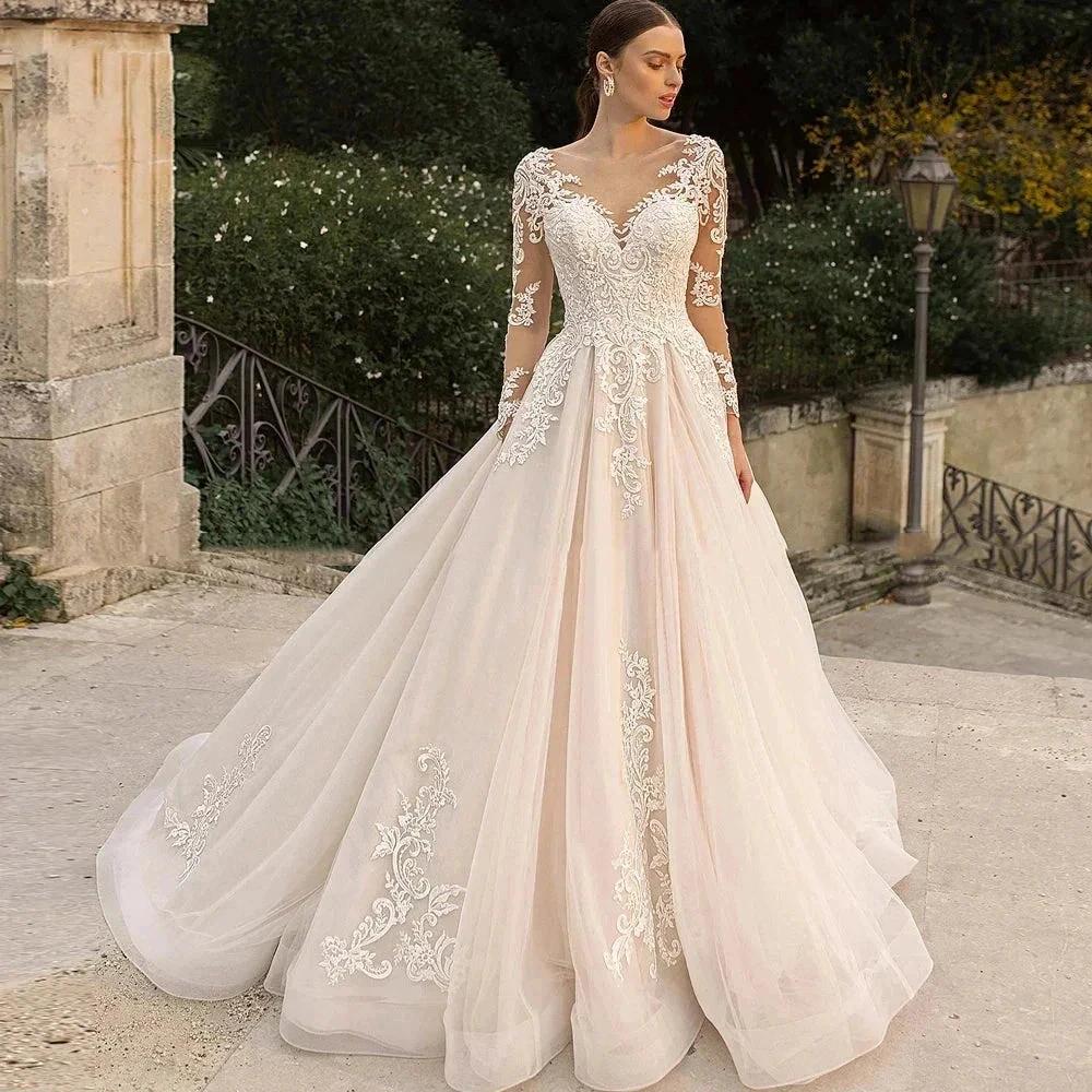 Gorgeous Lace Wedding Dresses Long Sleeve Women's Elegant Tulle Sticker Floral Champagne Bridal Gowns Princess Formal Party Robe (ZD14133) - VelvetHem