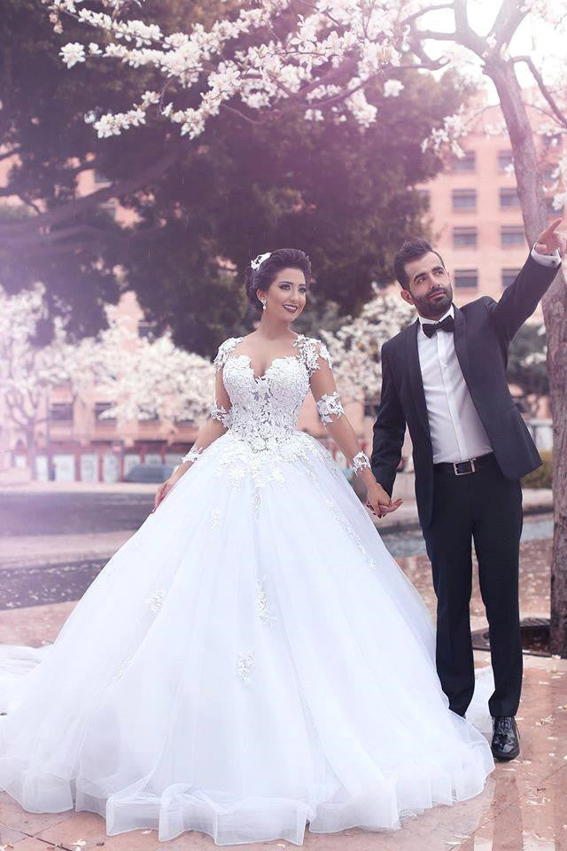 Gorgeous Long Sleeve Ball Gown Wedding Dresses Latest Lace Applique Bridal Gowns MH066