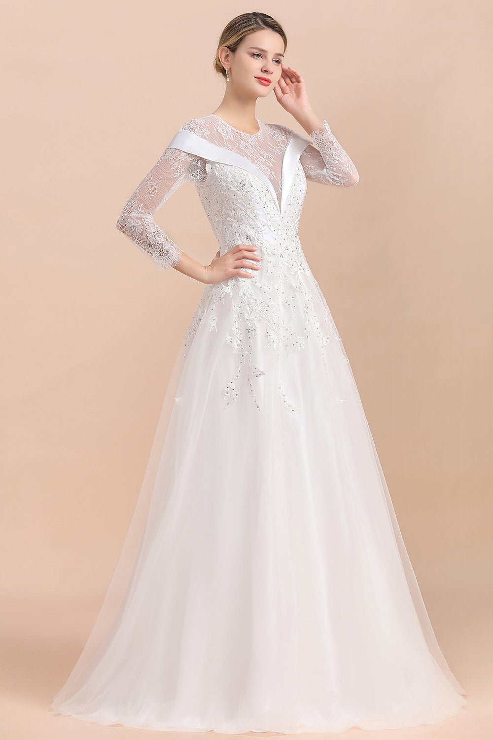 Gorgeous Long Sleeve Lace Wedding Dress | Appliques Bridal Gowns With Beadings
