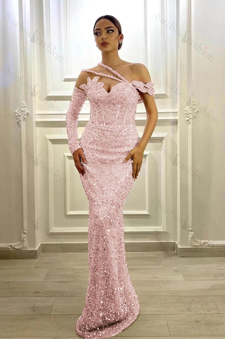 Gorgeous Long Sleeve Prom Dress One Shoulder Mermaid Lavender Evening Formal Dress With Sequins