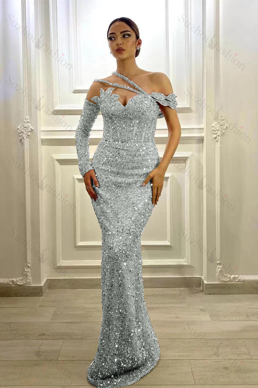 Gorgeous Long Sleeve Prom Dress One Shoulder Mermaid Lavender Evening Formal Dress With Sequins