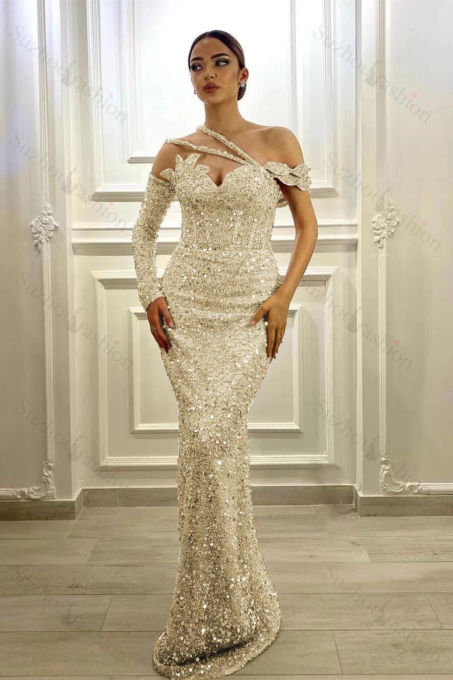 Gorgeous Long Sleeve Prom Dress One Shoulder Mermaid Lavender Evening Formal Dress With Sequins