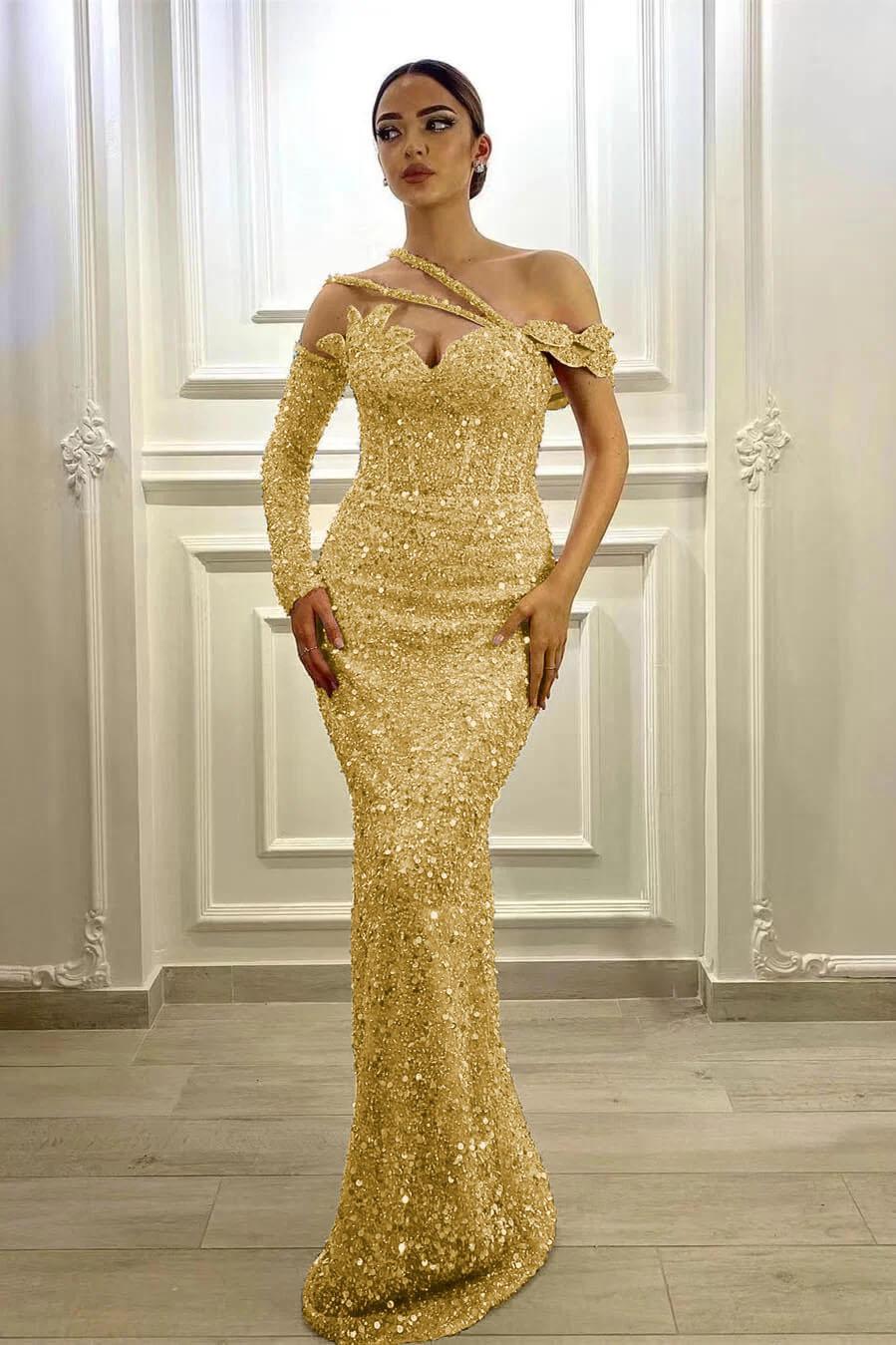 Gorgeous Long Sleeve Prom Dress One Shoulder Mermaid Lavender Evening Formal Dress With Sequins