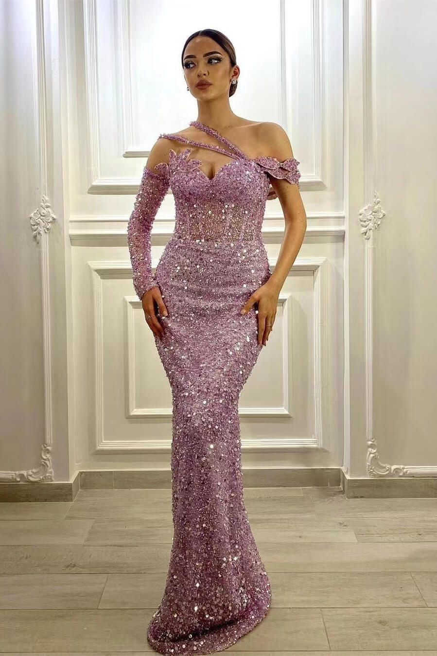 Gorgeous Long Sleeve Prom Dress One Shoulder Mermaid Lavender Evening Formal Dress With Sequins