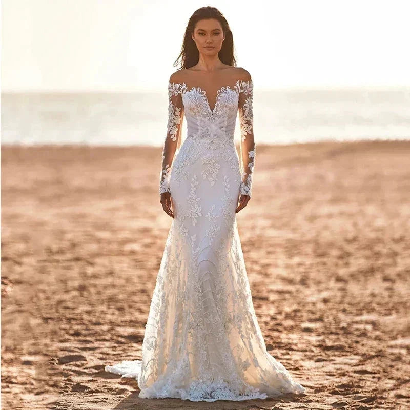Gorgeous Long Sleeve Women's Wedding Dresses Elegant Lace Applique Off Shoulder Bridal Dress Mermaid Formal Beach Button Robe De (ZD14161)