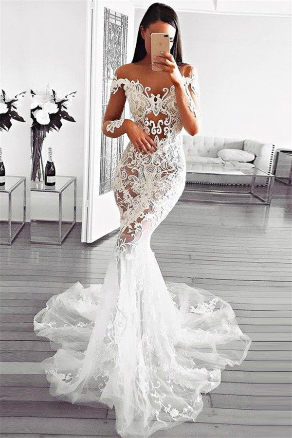 Gorgeous Mermaid Off Shoulder Beach Wedding Dresses | Long Sleeves Appliques Sheer Bridal Gowns