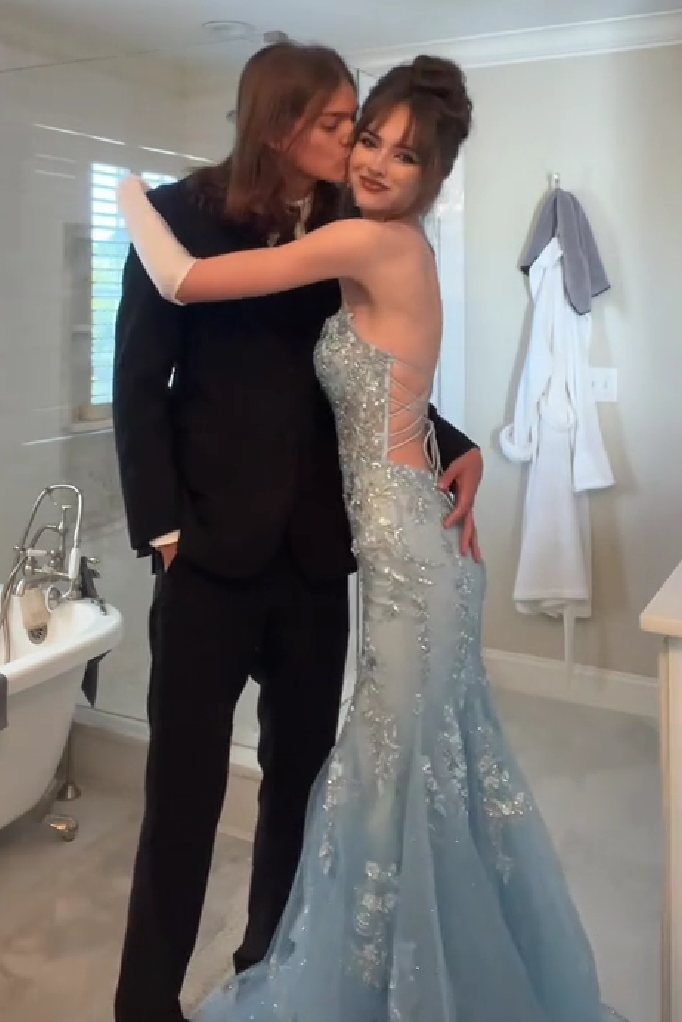 Suzhoufashion Mermaid Spaghetti Straps Grey Blue Long Prom Dress With Appliques Formal Evening Gown