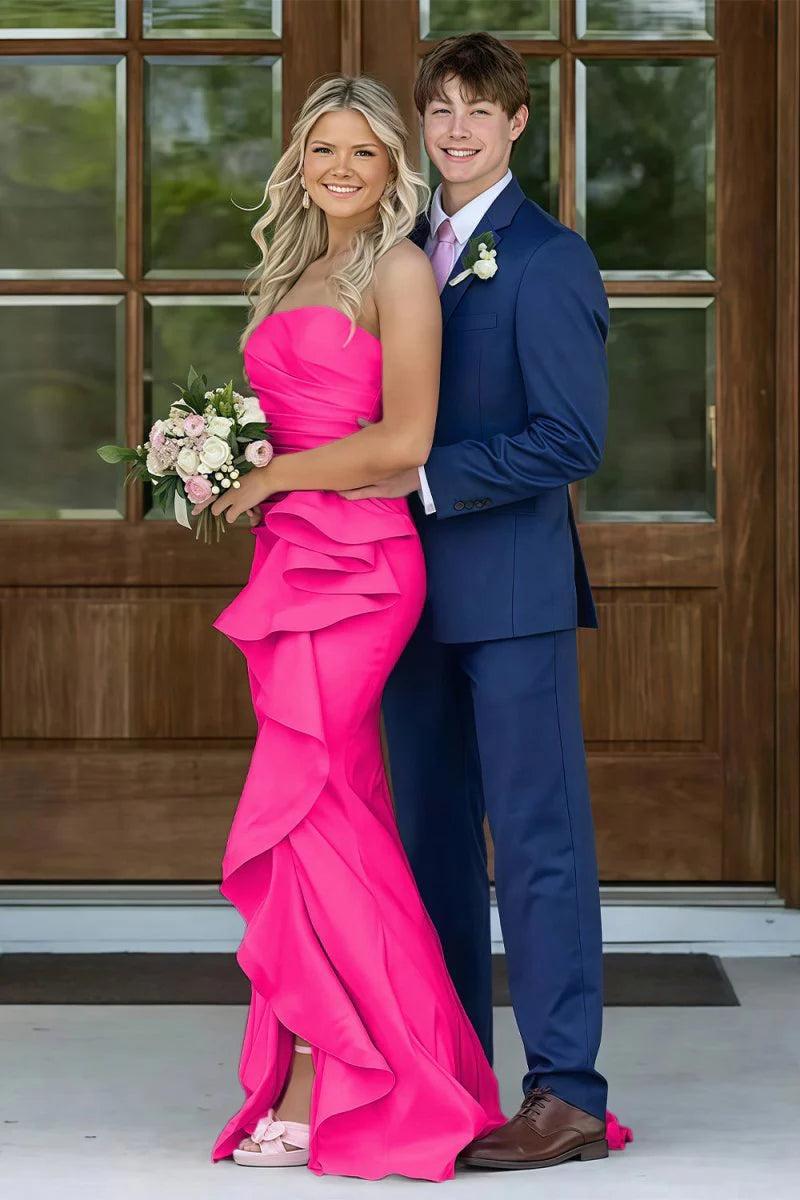 Mermaid Strapless Pink Long Prom Dress With Split Front Ruched Formal Evening Gown