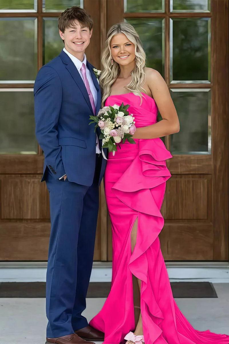 Mermaid Strapless Pink Long Prom Dress With Split Front Ruched Formal Evening Gown