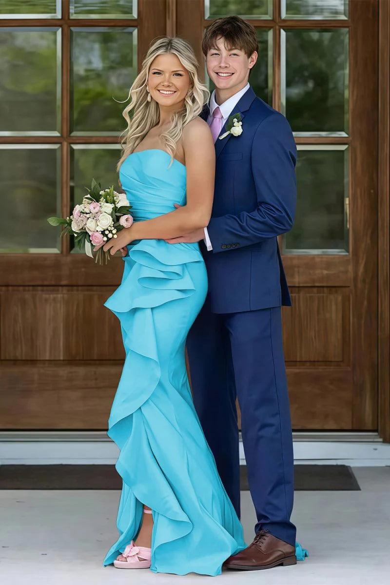 Mermaid Strapless Pink Long Prom Dress With Split Front Ruched Formal Evening Gown