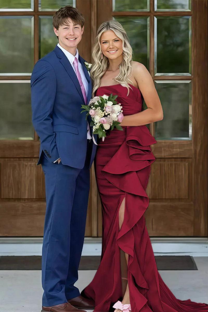 Mermaid Strapless Pink Long Prom Dress With Split Front Ruched Formal Evening Gown
