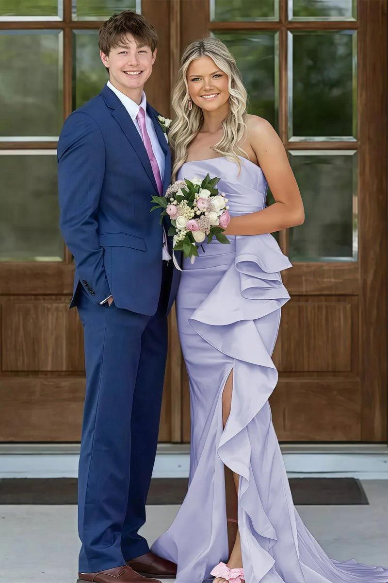 Mermaid Strapless Pink Long Prom Dress With Split Front Ruched Formal Evening Gown