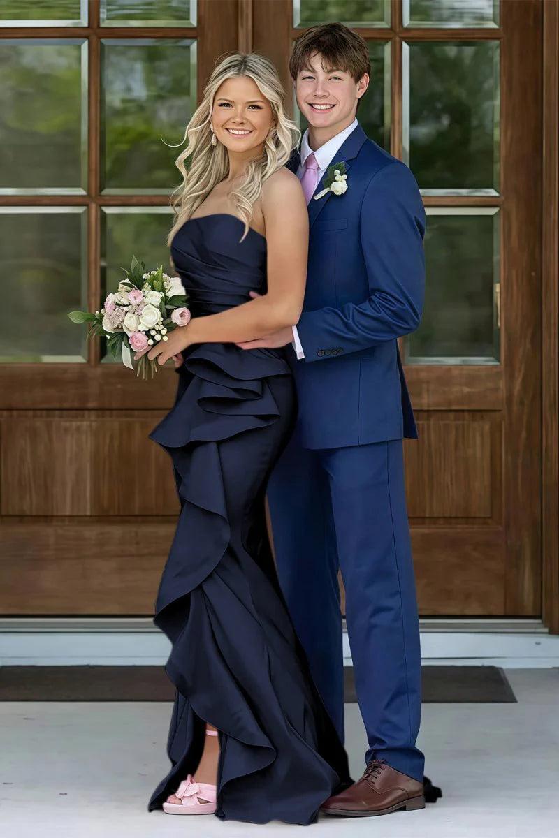 Mermaid Strapless Pink Long Prom Dress With Split Front Ruched Formal Evening Gown