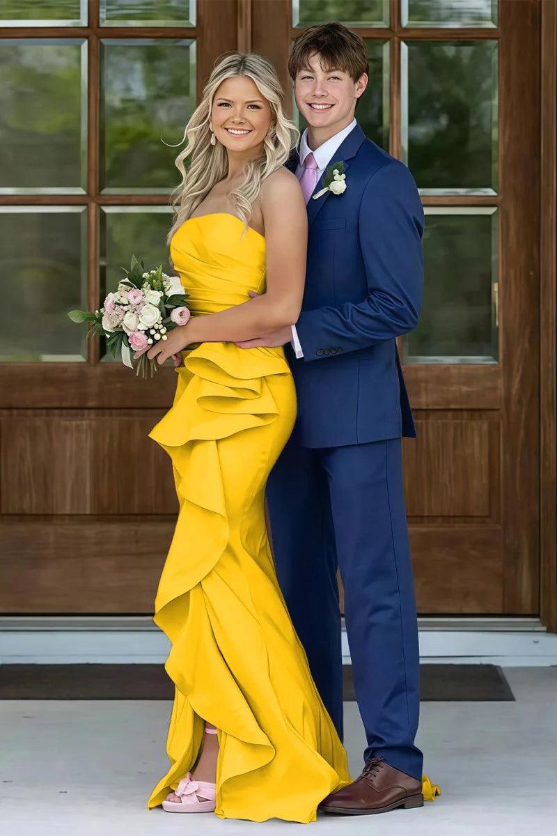 Mermaid Strapless Pink Long Prom Dress With Split Front Ruched Formal Evening Gown