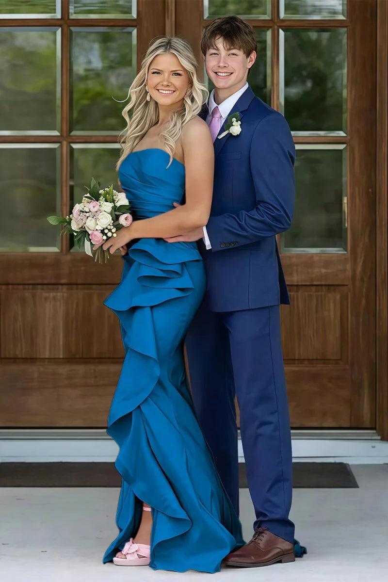 Mermaid Strapless Pink Long Prom Dress With Split Front Ruched Formal Evening Gown