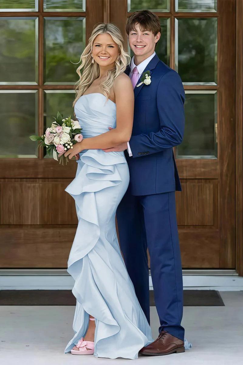 Mermaid Strapless Pink Long Prom Dress With Split Front Ruched Formal Evening Gown