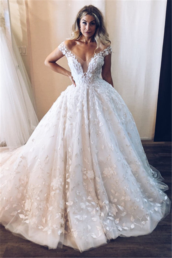 Gorgeous OFF-The-Shoulder Sleeveless Long Wedding Dresses | Appliques Ball Gown Bridal Gown
