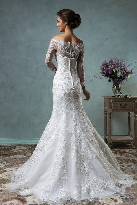 Gorgeous Off the Shoulder Detachable Train Wedding Dresses Long Sleeve Lace Bride Dress