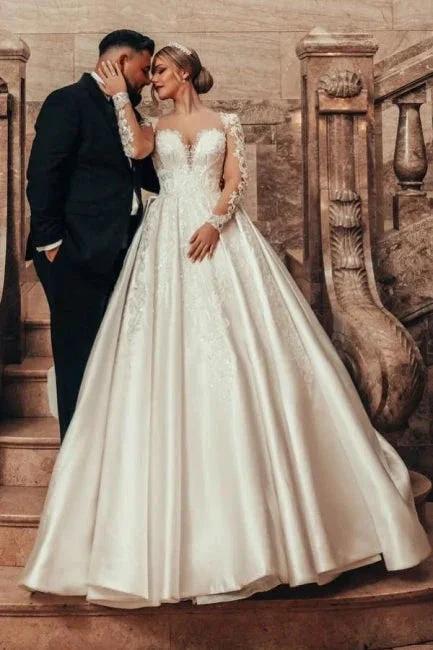 Gorgeous Princess A-line Satin Lace Wedding Dresses With Long Sleeves (ZD15630)
