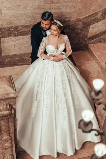 Gorgeous Princess A-line Satin Lace Wedding Dresses With Long Sleeves (ZD15630) - VelvetHem
