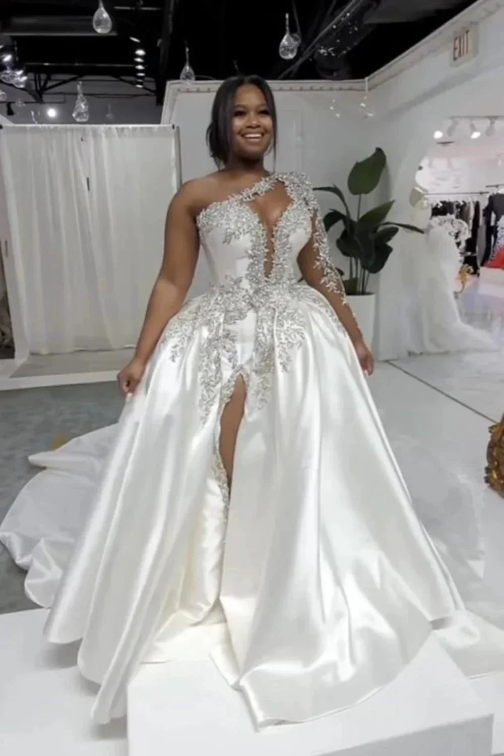 Gorgeous Long A-line Satin One Shoulder Beading Appliques Lace Wedding Dress with Slit (ZD14486) - VelvetHem