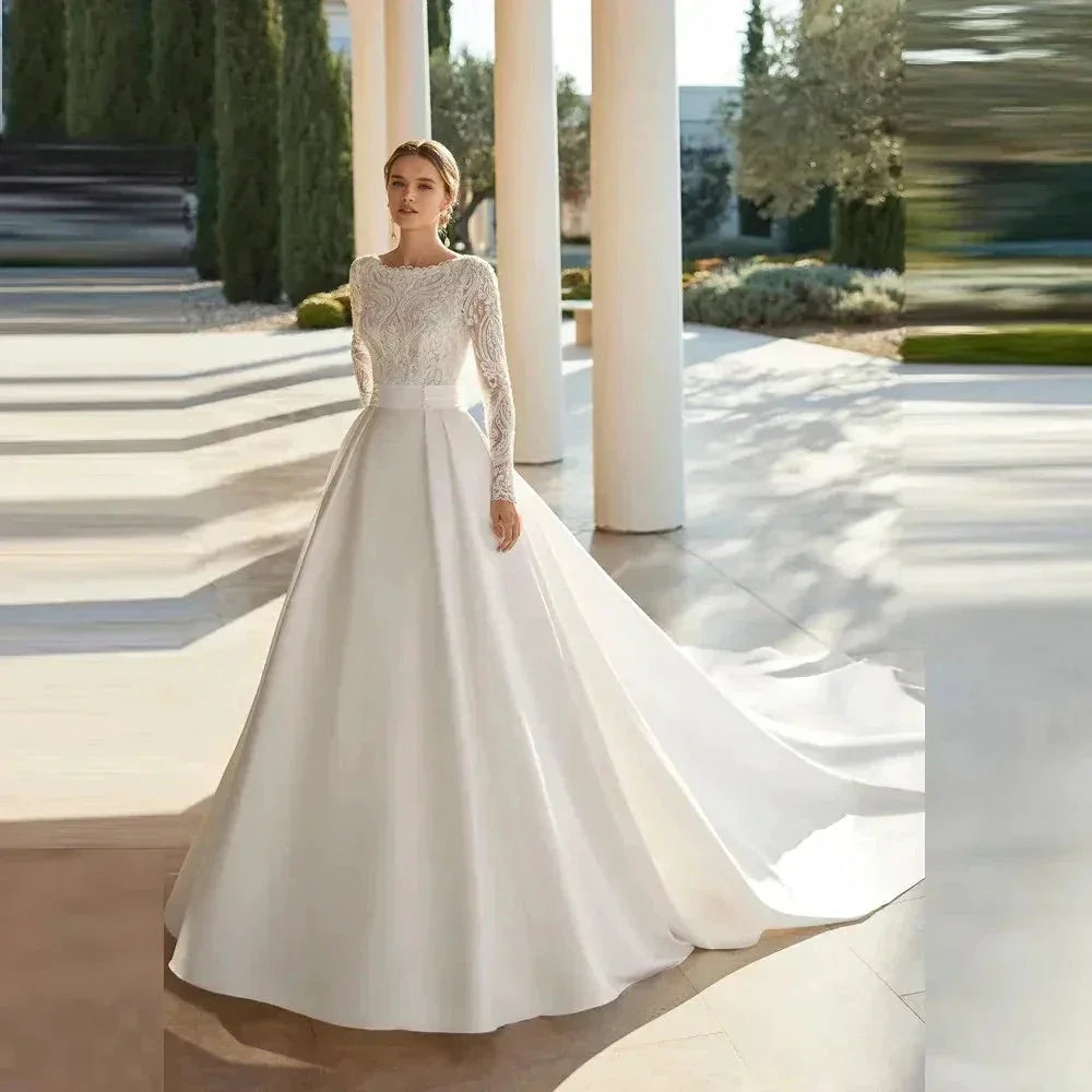 Gorgeous Satin Fascinating Wedding Dresses Beautiful Long Sleeve Simple Elegant Bridal Gowns Sexy Exquisite Lace Appliqued Robe by payinti