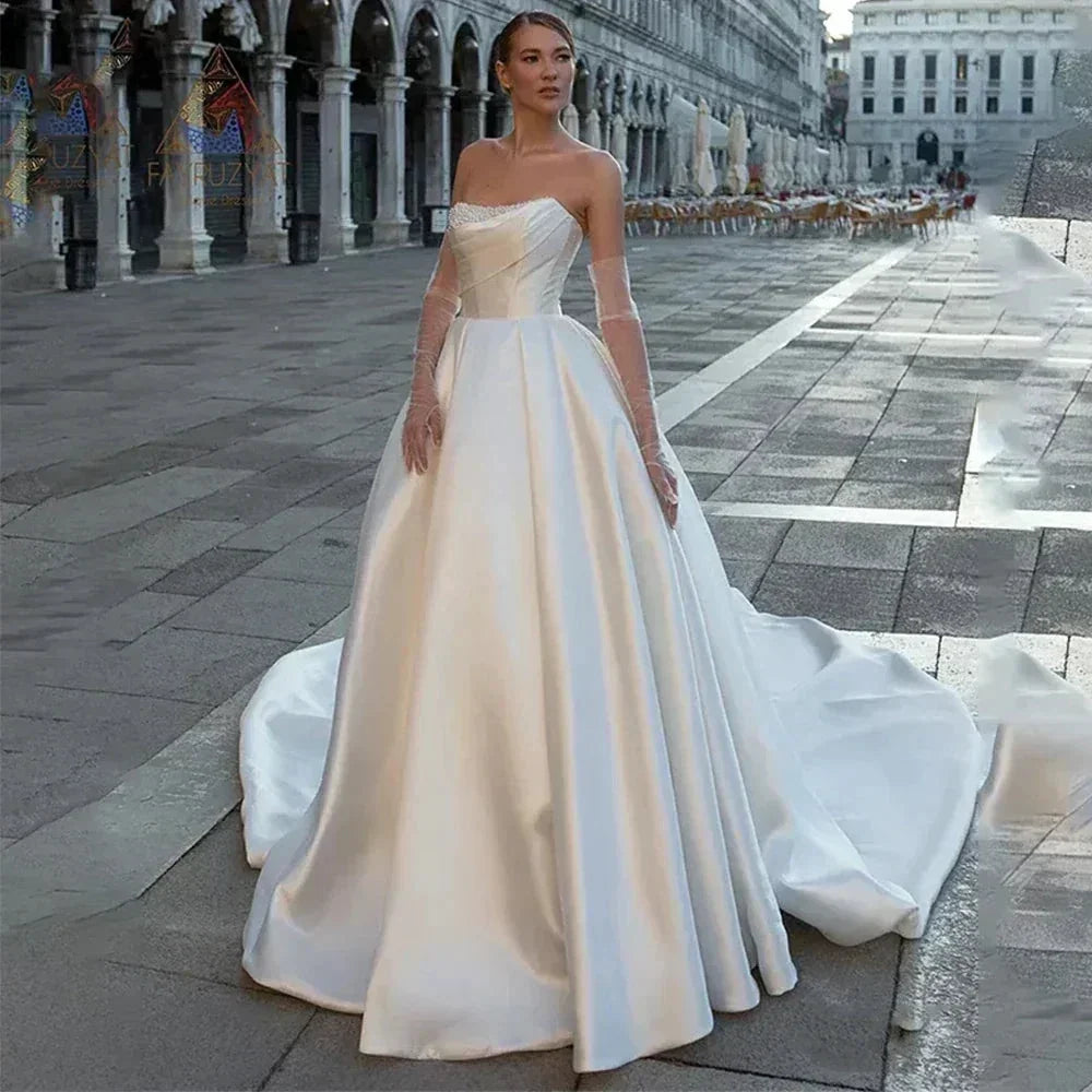 Gorgeous Satin Modern Wedding Dresses Elegant Off Shoulder Sleeveless Train Floor-Length Fluffy Princess Style Bride Gowns 2023 (ZD13472) - VelvetHem