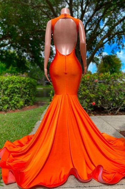 Gorgeous Sequined V-neck Sleeveless Stretch Satin Mermaid Prom Dresses with Appliques