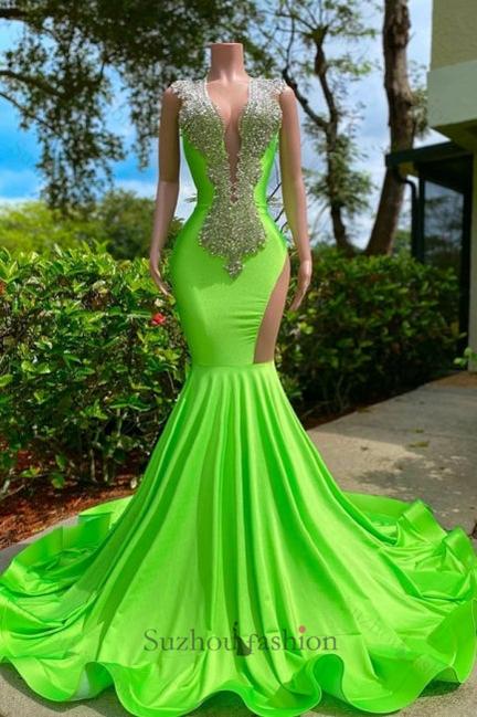 Gorgeous Sequined V-neck Sleeveless Stretch Satin Mermaid Prom Dresses with Appliques