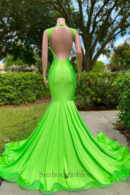 Gorgeous Sequined V-neck Sleeveless Stretch Satin Mermaid Prom Dresses with Appliques