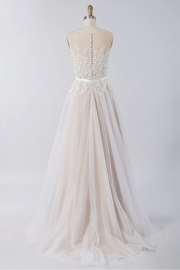 Gorgeous Sleeveless Straps Jewel Wedding Dress | A-line Tulle Ruffles Bridal Gowns