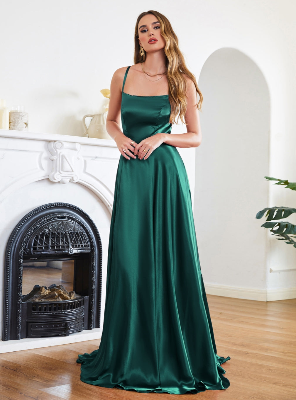 Gorgeous Split Front A-Line Square Neck Spaghetti Straps Satin Prom Dresses with Open Back