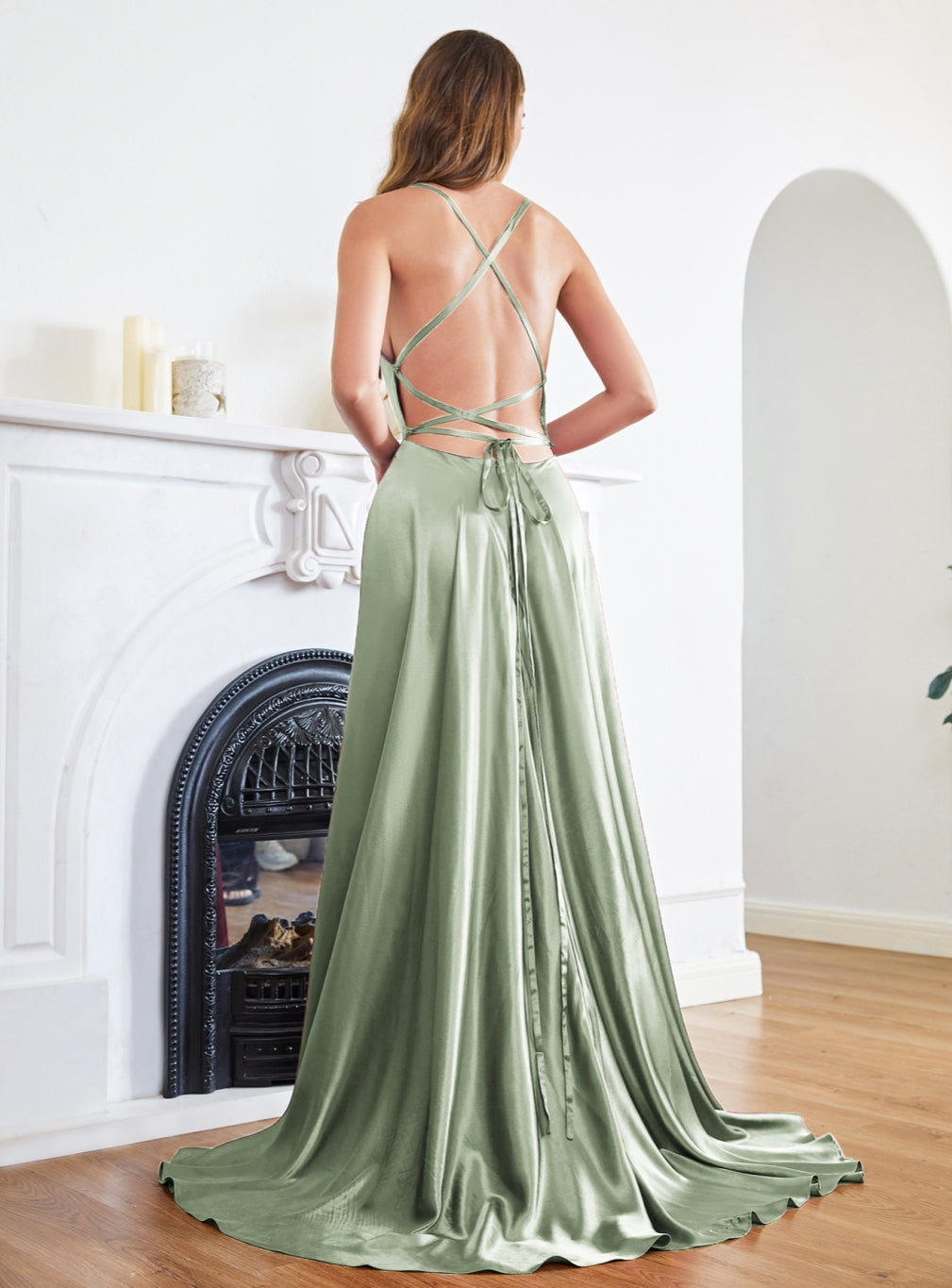 Gorgeous Split Front A-Line Square Neck Spaghetti Straps Satin Prom Dresses with Open Back