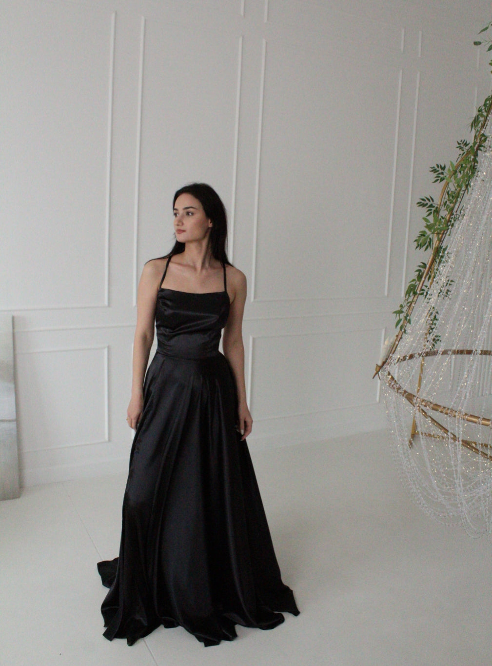 Gorgeous Split Front A-Line Square Neck Spaghetti Straps Satin Prom Dresses with Open Back