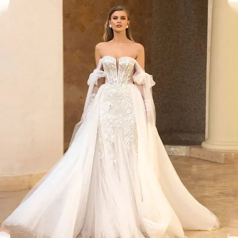 Gorgeous Strapless Detachable Train Lace Appliques V-Neck Wedding Dress Elegant Floral Pattern Tulle Robe De Mariée by payinti