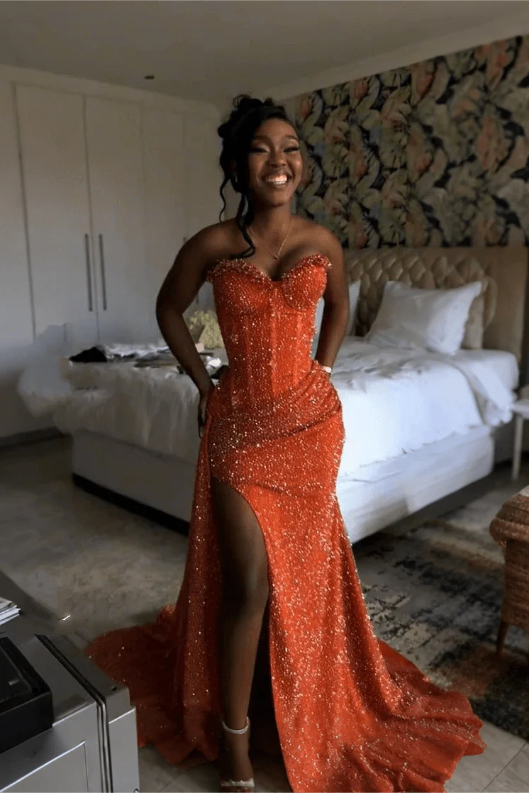Glitter Strapless Mermaid Sequined Long Prom Dress with Slit (ZD17399) - VelvetHem